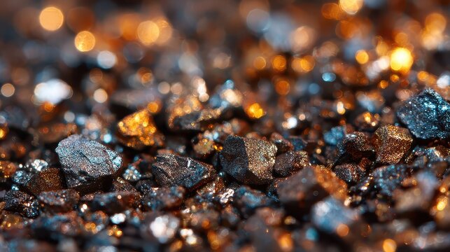 Close-up of glittering pyrite stones, bokeh lights in the background. Great for financial, mineralogy, or fantasy themed designs.