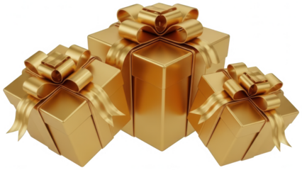 Valentine PNG, Three shiny gold gift boxes stacked together and wrapped with elegant bows and ribbons