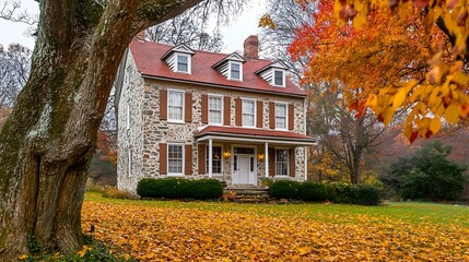 Charming historic stone house surrounded by colorful autumn foliage