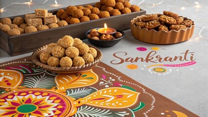 Indian harvest festival food arrangement featuring tilgul laddoos and diya.