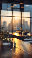 Cozy coffee shop interior with city skyline view at golden sunset