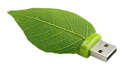 A single green usb flash drive featuring organic leaf texture is isolated on a white background to represent a natural environment and fresh botanical flora