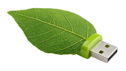 A single green usb flash drive featuring organic leaf texture is isolated on a white background to represent a natural environment and fresh botanical flora