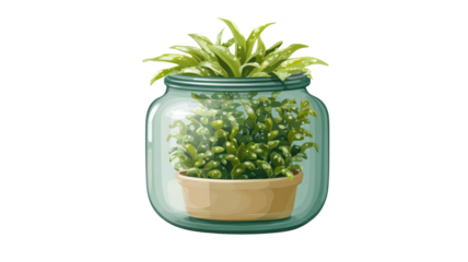 Fresh organic green peas and healthy sprouts in a glass jar and garden pot with herbal leaves isolated on a white background