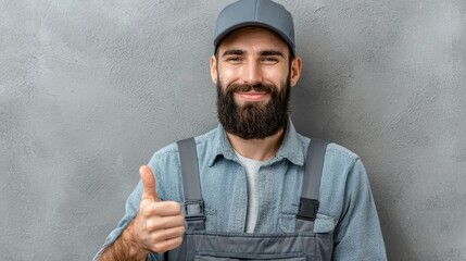 Bearded worker in gray uniform and cap gives a thumbs up with a smile. Show customers that your service is approved and of high quality.