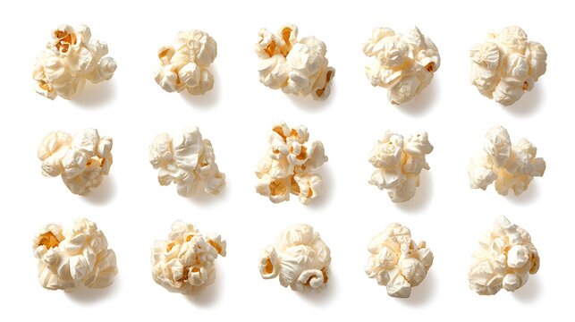 Delicious freshly popped popcorn pieces scattered on a clean white surface