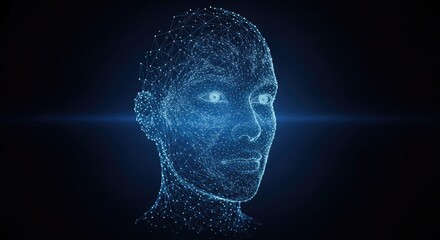 A digital representation of a human face with a blue and white color scheme.