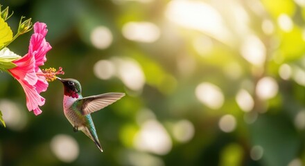 Fototapeta premium A hummingbird feeds on a pink hibiscus flower in a lush green garden.