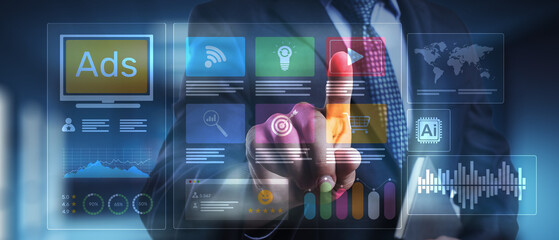 Digital Advertising and Marketing Strategy Illustrated on Virtual Interface.