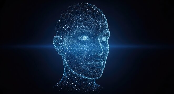 A digital representation of a human face with a blue and white color scheme. - Powered by Adobe