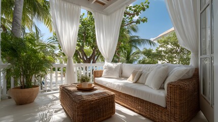 Fototapeta premium Breezy white porch with wicker sofa furniture and flowing white curtains showing tropical resort vibe with sunlight filtering through.