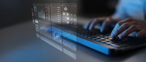 AI-Driven Business Analytics Dashboard on Virtual Screen for Data Management and Performance Optimization.