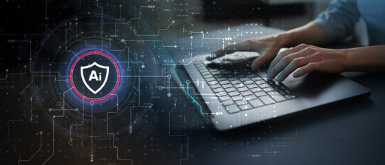AI Cybersecurity Shield and Data Protection Interface Illustrated on Futuristic Digital Display.