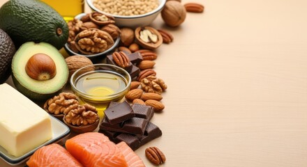 Fototapeta premium A wooden table with a variety of healthy food items, including avocados, walnuts, pecans, and dark chocolate, arranged in a visually appealing manner.