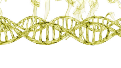 Yellow D N A helix structure with smoky wisps against background isolated on a transparent background