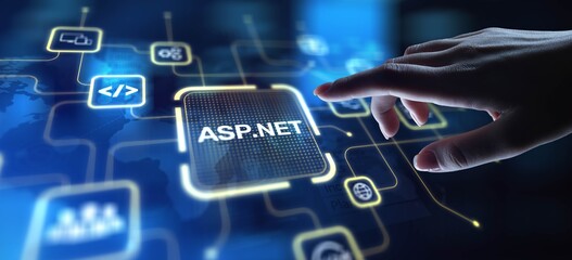 ASP.NET Web Application Framework for Dynamic Websites, projection on a virtual screen, Business and Technology Concept.
