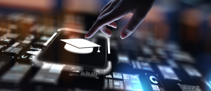 E-Learning Online Education and Virtual Learning Platforms, projection on a virtual screen, Business and Technology Concept.