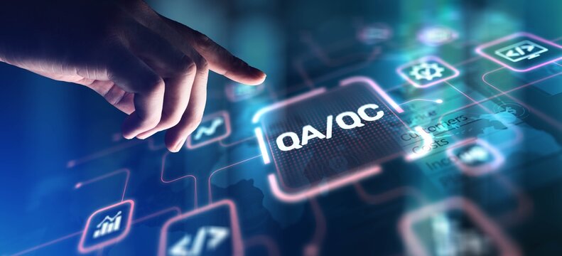 QA QC Quality Assurance and Quality Control for Product Excellence, projection on a virtual screen, Business and Technology Concept.