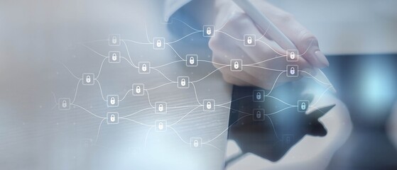 Cybersecurity and Blockchain Protecting Data with Network Security and Encryption on a Wide Banner, Business and Technology Concept.