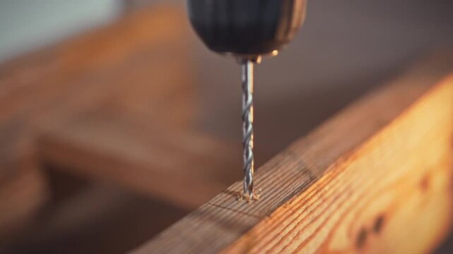 A skilled carpenter uses an electric drill machine as a powerful tool to create a precise hole in a wooden material inside a busy workshop, demonstrating expertise in woodworking and carpentry work