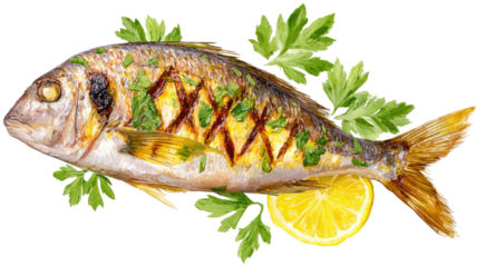 Fresh raw trout and bass seafood isolated on a white background with green lemon and vegetables for a healthy gourmet dinner meal