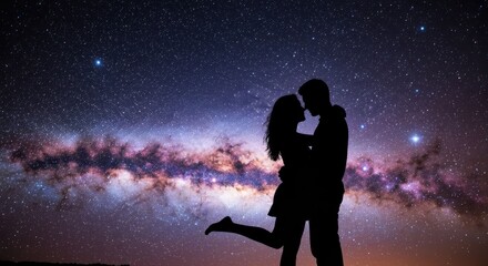 Silhouetted couple embraces under starry sky