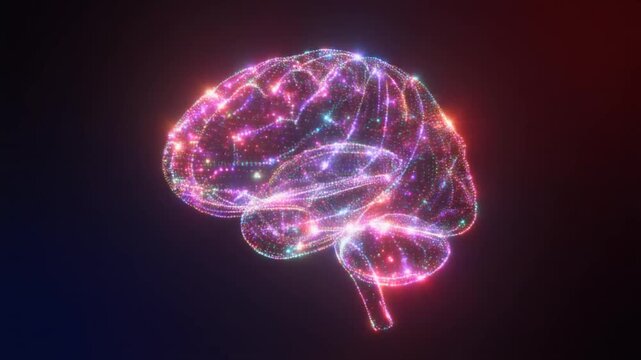 Neon brain glowing in digital space