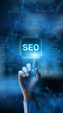 SEO Search Engine Optimization Enhancing Online Visibility and Traffic Technology Concept Illustrated on Processor.