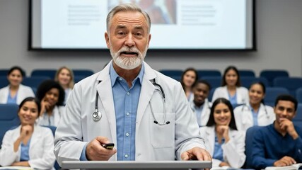 Experienced Male Doctor Presenting to a Diverse Group of Medical Students in a Lecture Hall Setting, Engaging and Sharing Knowledge on Health Topics