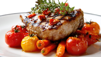 Gourmet dinner plate featuring grilled steak, pork ribs, and fresh vegetables served as a healthy meat dish with tomato salad in a restaurant setting