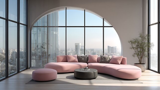 Modern living room with pink curved sofa, city view, large arched window, and potted plant
