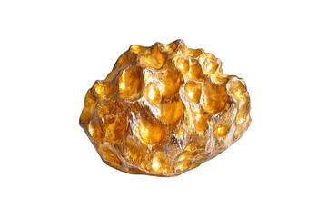 A rough and irregular gold nugget with a shiny metallic surface and visible textures isolated on a white background