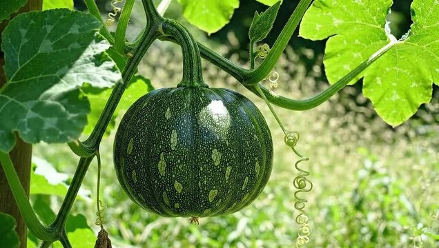 Fresh organic pumpkin and ripe orange squash growing on the vine in an autumn garden for a healthy vegetarian harvest