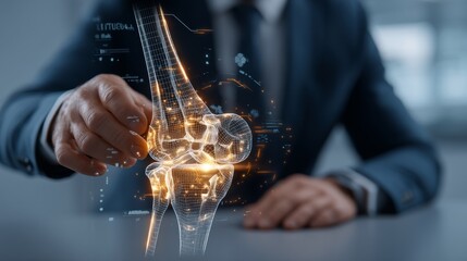Innovative medical technology for joint health. Futuristic concept shows knee joint analysis in professional setting. Quality image enhances healthcare marketing and education.