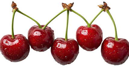 ripe red cherries with green stems are isolated on a white background, showing a fresh, juicy, and healthy raw fruit macro for a sweet summer dessert