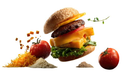 A delicious grilled beef hamburger featuring a savory mix of mushrooms and vegetables topped with melted cheese, fresh lettuce, and tomato on a toasted bun isolated against a white background