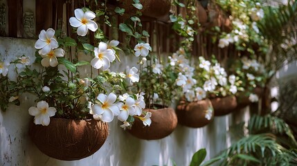 Elegant white frangipani flowers bloom in decorative coconut shell planters