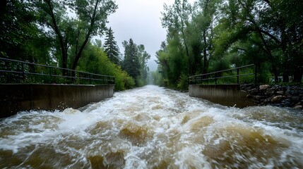 Concrete spillway channel filled with rushing brown floodwater surrounded by lush green trees under overcast sky showing dynamic texture.
