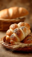 Freshly baked bread rolls with seeds in a rustic basket