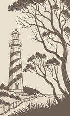 Obraz premium Monochrome Lighthouse Illustration with Coastal Scenery and Trees.