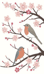 Robins in Spring A Delicate Cherry Blossom Scene.