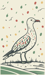 Seagull Illustration with Abstract Background and Coastal Setting.