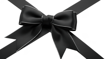 Valentine PNG, Elegant black silk ribbon bow with silver edges isolated on checkered transparent background luxury gift decoration