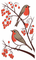 Two Robins Perched on Branches with Red Berries Illustration.