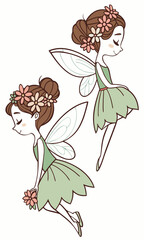 Two Adorable Fairy Illustrations with Floral Accents and Delicate Wings.