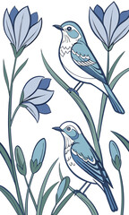 Two Blue Birds Among Flowers Illustration.