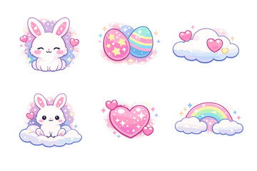 Obraz premium Cute Spring Icons Set: Bunny, Egg, Cloud, Heart, Rainbow, Star, Springtime, Celebration, Joy, Pastel, Festivity, Nature, Love, Whimsy