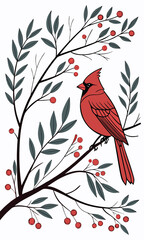 Vibrant Cardinal Amidst Winter Berries and Foliage Illustration.
