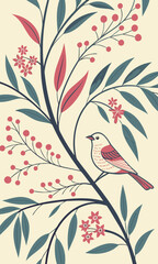 Whimsical Bird and Botanical Illustration on Cream Background.