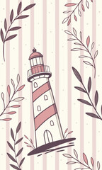 Whimsical Lighthouse Illustration with Floral Accents on Striped Background.